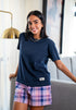 Women summer pajama set Dark Blue Tee + Purple X Navy Plaid shorts
